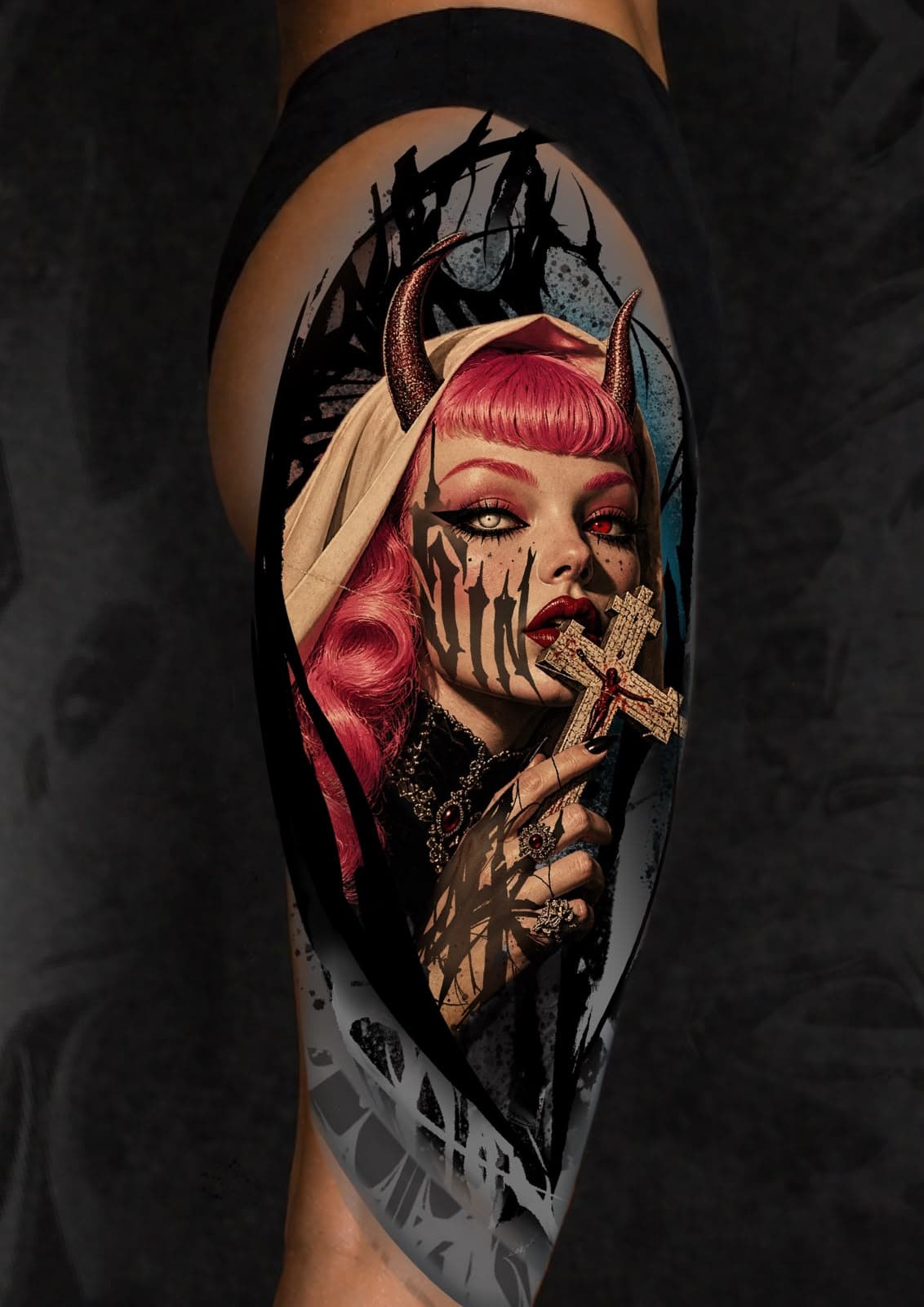 Tatuaje vertical de diabla en realismo a color con neotribal cargado en LIMINAL.