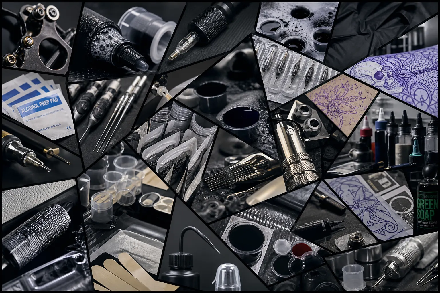 Mosaico de herramientas y materiales dispersos de preparación profesional de tatuaje.